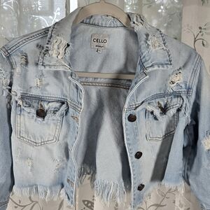 Cello Cropped Distressed Denim Jacket XS Raw Hem Jean Jacket‎ Y2K Festival Look